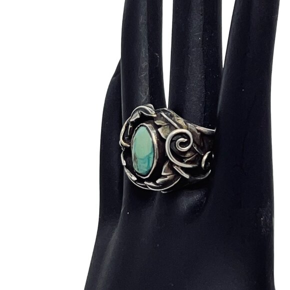 Vintage Chunky Sterling Silver And Turquoise Leaf With Vine Ring (R361) - Picture 2 of 7